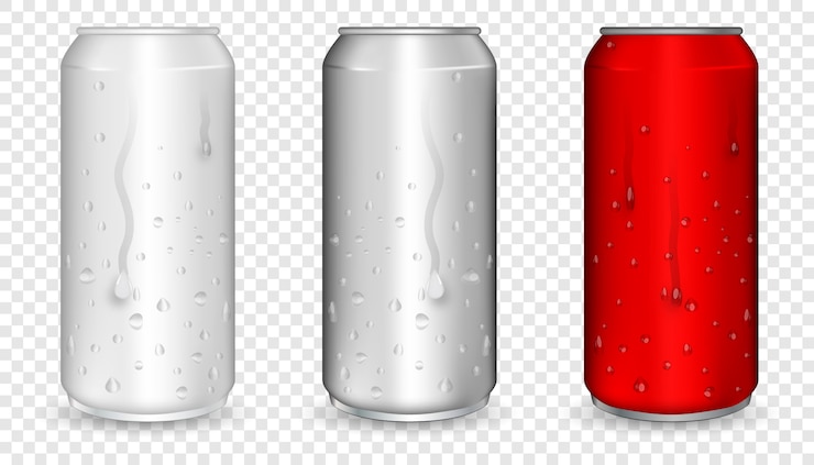 Vetor lata de alumínio com gotas de água. lata metálica realista para cerveja, refrigerante, limonada, suco, bebida energética. lata vermelha realista.