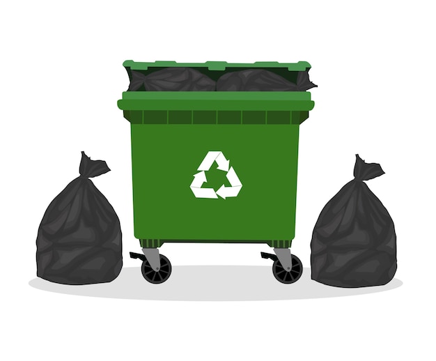 Lata de lixo de rua cheia de sacos de lixo ilustração vetorial plana