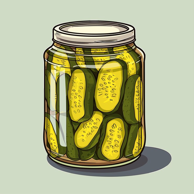 Vetor lata, de, pepinos em conserva, caricatura, comida enlatada, em, vidro, mercearia, conservar, recipiente, vetorial, ilustração