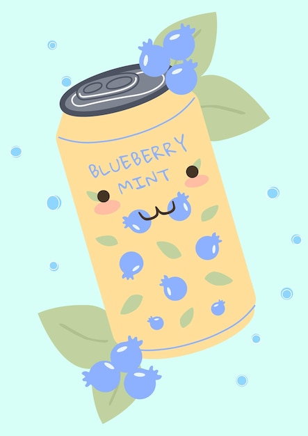 Lata de refrigerante blueberry hortelã sabor jarra de alumínio bonito com sorriso engraçado bagas e folhas suco carbonatado kawaii garrafa de metal com bebida ilustração de comida feliz de desenho vetorial