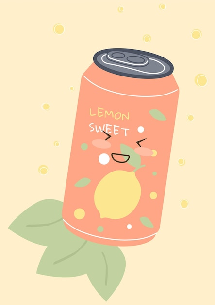 Lata de refrigerante frasco de alumínio bonito com bebidas de limão suco doce kawaii ou coquetel em garrafa de metal limonada ou tônica mascote de comida feliz embalagem engraçada vetor desenho animado ilustração isolada plana