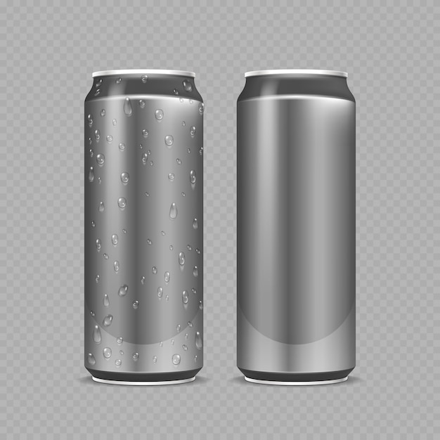 Latas de aço. garrafas de alumínio para cerveja, limonada ou refrigerante ou bebida energética. pacote de metal com maquete realista de gotas de água. ilustração de garrafa de cerveja ou refrigerante de aço, água em lata de prata de alumínio