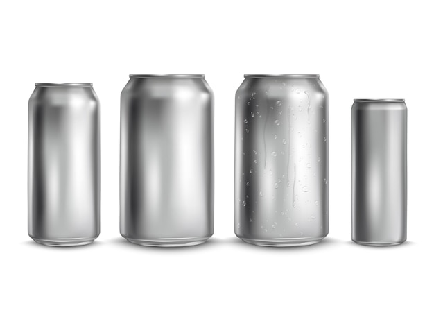 Latas de bebida de maquete Maquete lata em branco realista para lata de prata de alumínio de cerveja lager com modelo de gotas de condensação gota de garrafa fina metálica no pacote de alumínio vetor arrumado