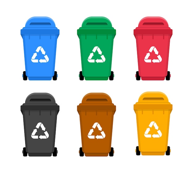 Latas de lixo coloridas com reciclagem. Recipientes de triagem de resíduos.