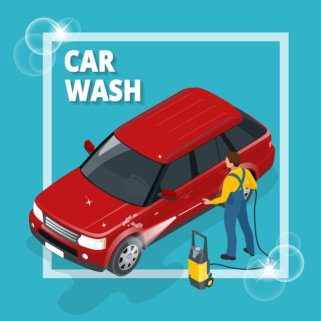 Lavagem de carro de conceito de negócio. Lavagem de carro, limpador de automóveis, banner de serviço de chuveiro de lavadora. Ilustração isométrica em vetor 3d plana.