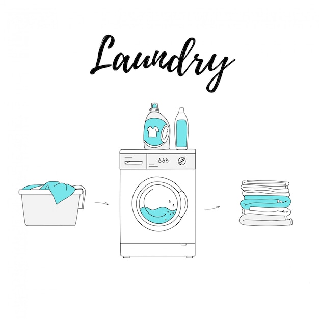 Lavandaria. cesta, máquina de lavar roupa e detergentes, toalhas dobradas.