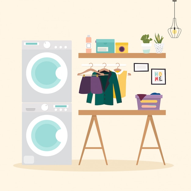 Lavanderia com instalações para lavar roupa. Máquina de lavar, balão, sabão em pó, roupas Elementos de design plano, estilo minimalista. Ilustração vetorial