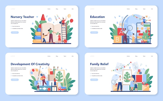Layout da web do kindergartener ou conjunto de páginas de destino. nany profissional e crianças fazendo atividades criativas diferentes. linda criança brincar com um brinquedo. creche, educação pré-escolar.