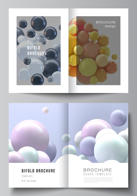 layout de dois modelos de capa A4 para brochura bifold, folheto, revista, design da capa, design do livro, capa do folheto. Fundo realista com esferas 3D multicoloridas, bolhas, bolas