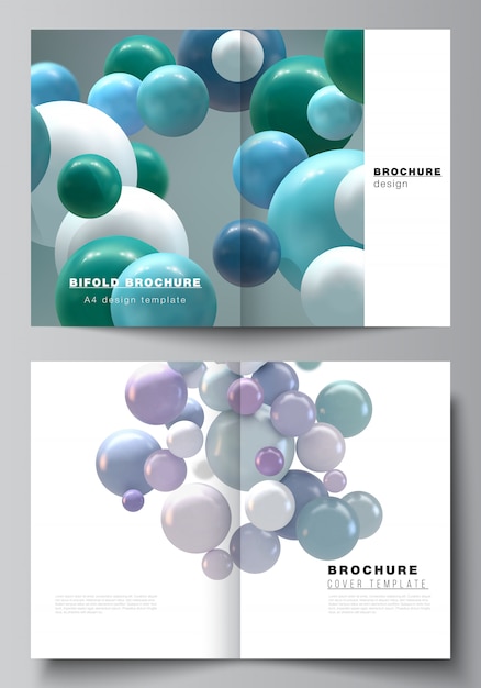 layout de dois modelos de capa A4 para brochura bifold, folheto, revista, design de capa, design de livros. Abstrato futurista com esferas 3d coloridas, bolhas brilhantes, bolas.