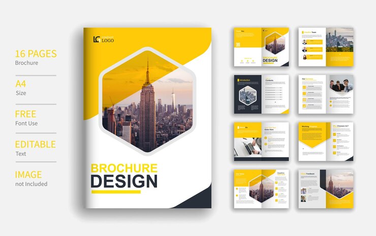 Layout de modelo de folheto corporativo amarelo moderno tamanho a4