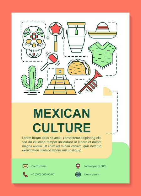 Layout de modelo de folheto de cultura mexicana. folheto de pontos turísticos do méxico, livreto, design de impressão de folheto com ilustrações lineares. layouts de página de vetor para revistas, relatórios anuais, pôsteres de publicidade