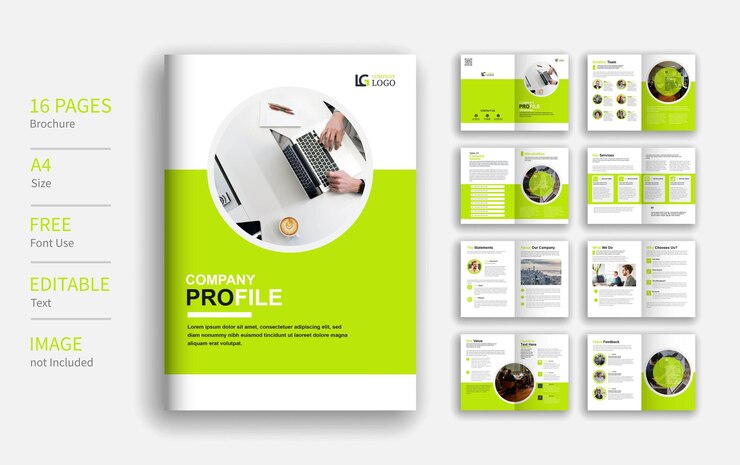 Layout de modelo de folheto de perfil de empresa minimalista amarelo moderno tamanho a4