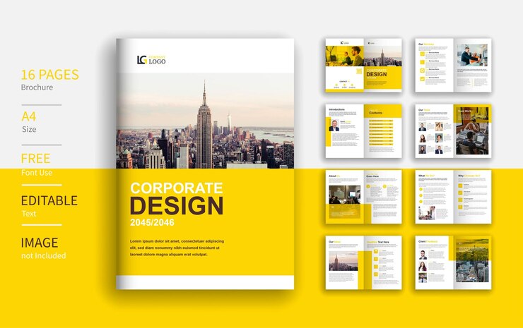 Layout de modelo de folheto de perfil de empresa preto e amarelo