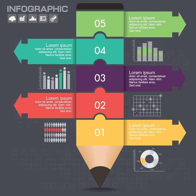 Layout de modelo de infográfico de negócios com ilustração de lápis colorido criativo.