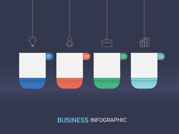 Layout de modelo de infográfico de negócios com quatro opções e espaço de cópia sobre fundo azul.