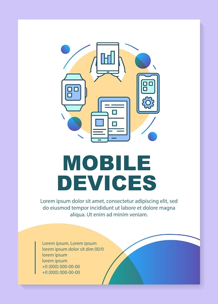 Layout de modelo de pôster de dispositivos móveis. smartphone e tablet. software móvel. banner, livreto, design de impressão de folheto com ícones lineares. layout de página de brochura vetorial para revistas, folhetos de publicidade