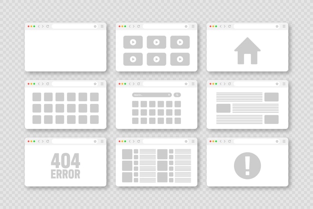 Vetor layout de páginas da janela do navegador da web com barra de ferramentas e campo de pesquisa página de internet de site moderno em plano