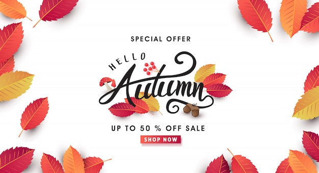 Layout de venda de outono decorar com folhas para banner de web de venda de compras.