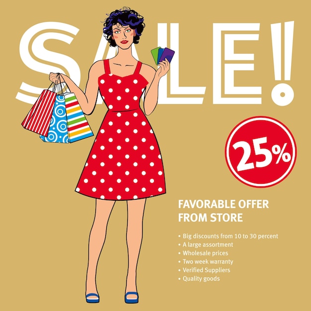 Vetor layout de venda linda garota de vestido retrô segurando sacolas de compras e cartões de desconto