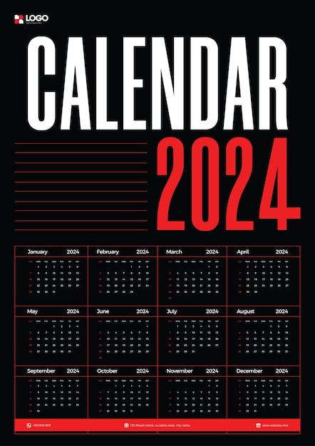 Vetor layout do calendário de 2024