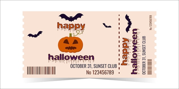 Layout do modelo de bilhete da festa de halloween abóbora e morcegos sinistros desenho colorido horizontal para eventos o conceito do feriado ilustração vetorial