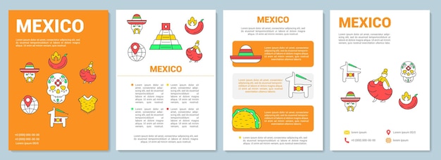 Layout do modelo de folheto do méxico. atracções turísticas mexicanas. folheto, folheto, design de impressão de folheto com ilustrações lineares. layouts de página de vetor para revistas, relatórios anuais, pôsteres de publicidade