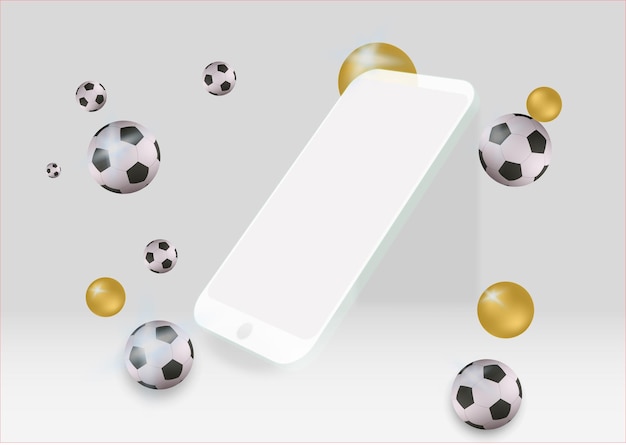 Layout vetorial de smartphone 3D em branco com bolas de futebol e esferas douradas em uma cena abstrata