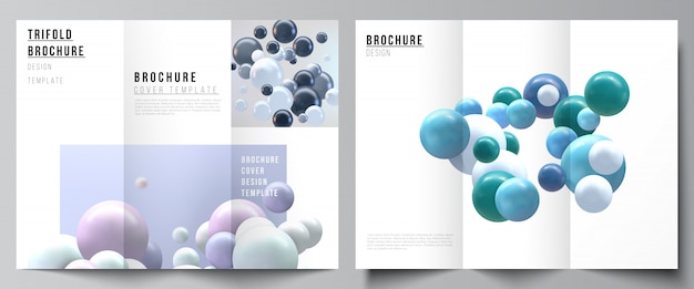 layouts de modelos de design de capas para três dobras brochura, layout do folheto, revista, design de livros, capa de brochura, publicidade. Fundo realista com esferas 3d multicoloridas, bolhas, bolas.