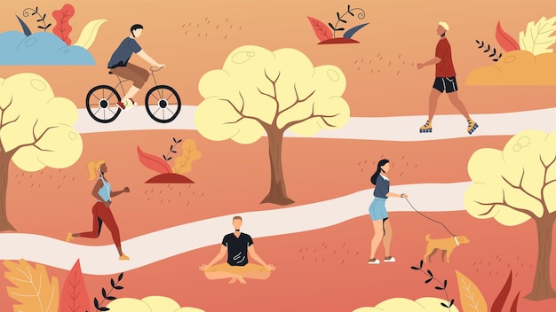 Lazer no fim de semana. pessoas caminham no parque, fazem ioga, andam de bicicleta, correm, andam de patins. pessoas ativas praticam esportes e se divertem. tempo de atividade no fim de semana. ilustração em vetor plana dos desenhos animados.