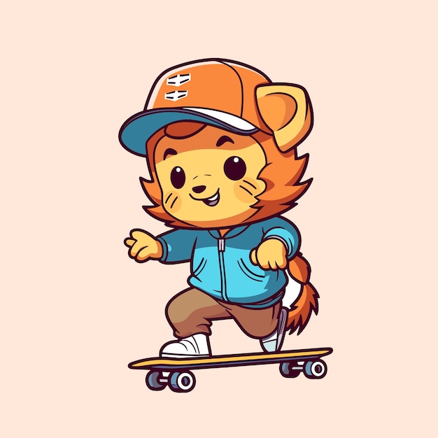 leão bonito montando skate esporte de verão ilustração vetorial