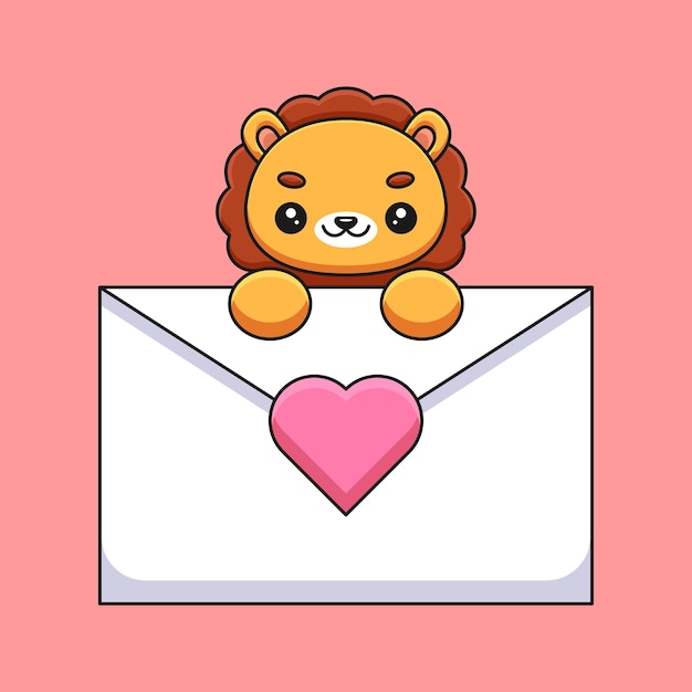 Leão bonito segurando uma carta de amor mascote dos desenhos animados doodle arte mão desenhada contorno conceito vetor ilustração ícone kawaii