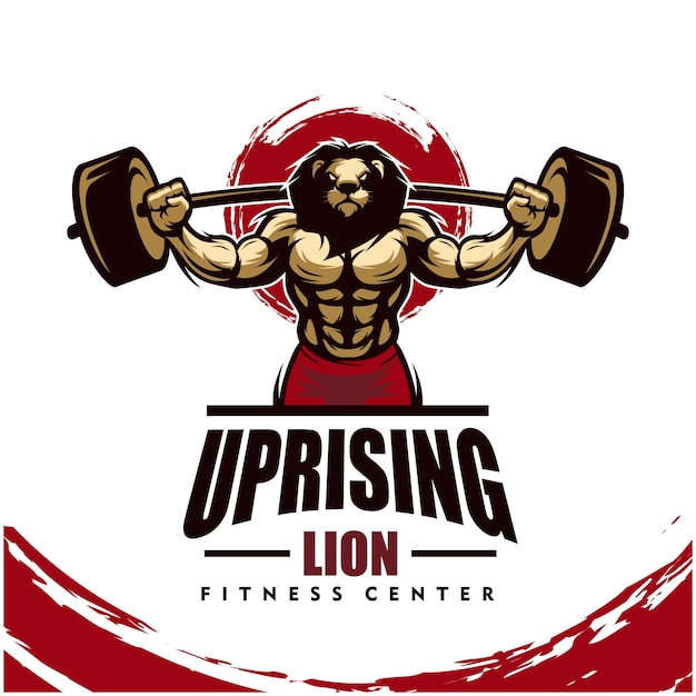 Leão com corpo forte, clube de fitness ou logotipo da academia.