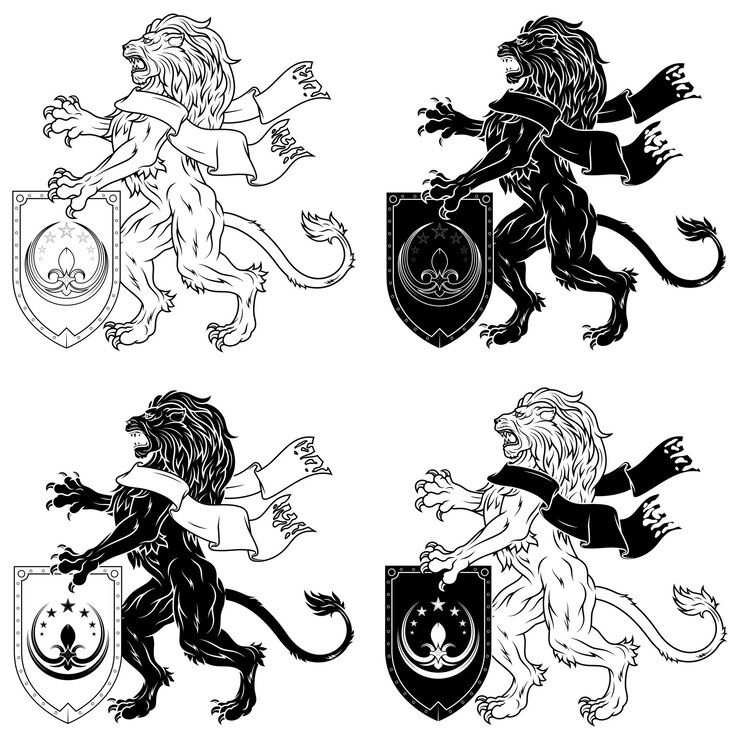 Vetor leão desenfreado com fita e escudo medieval