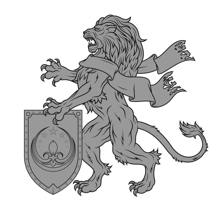 Vetor leão desenfreado com fita e escudo medieval