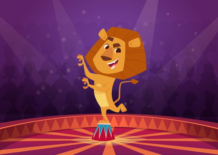 Vetor leão em circo. acrobata de leão com raiva selvagem que salta no artista de circo do círculo de fogo mostra o fundo dos desenhos animados do vetor. ilustração animal de circo de leão, mamífero selvagem
