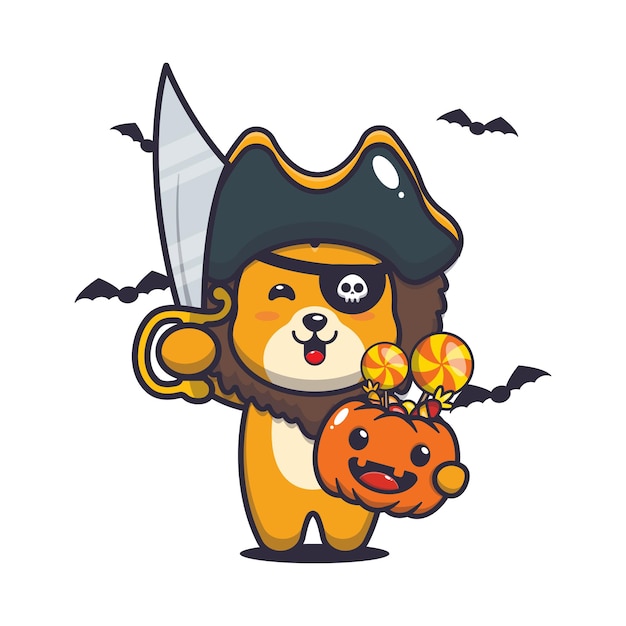 Leão fofo piratas com espada carregando abóbora de halloween ilustração fofa dos desenhos animados de halloween