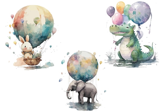 Lebre elefante e crocodilo com balões em estilo aquarela Ilustração vetorial isolada