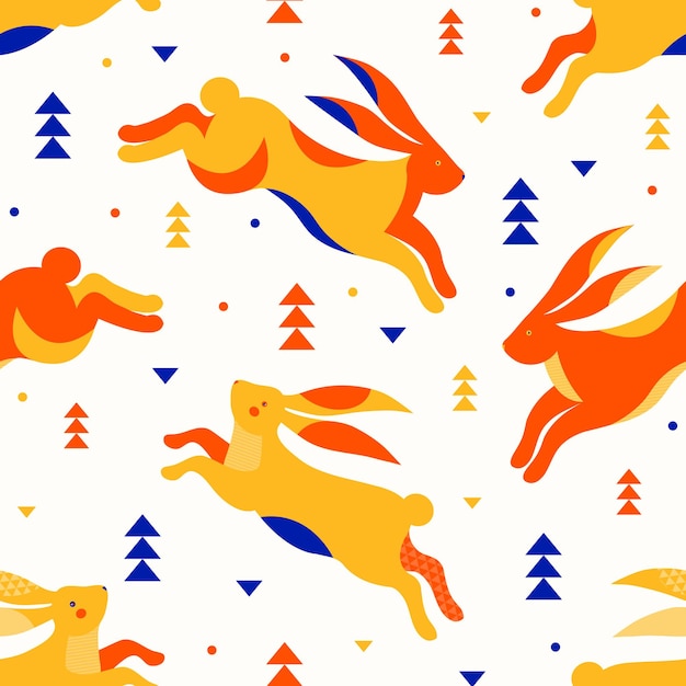 Vetor lebres fofas sem costura padrão pulam e correm pela floresta de inverno fundo festivo colorido coelhinhos engraçados zodíaco chinês símbolo do coelho ilustração plana vetorial no estilo minimalista geométrico