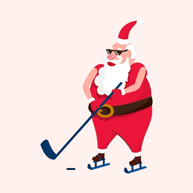 Legal Papai Noel usando óculos pretos com taco de hóquei no gelo