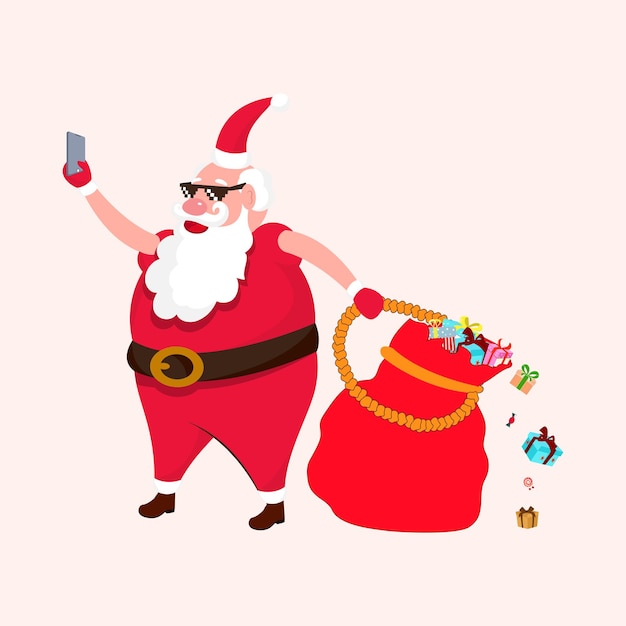 Legal Papai Noel usando óculos pretos tirando selfie com saco de presentes