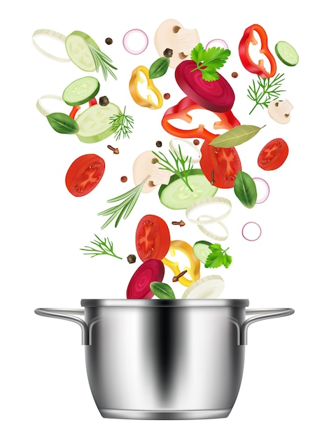 Legumes caindo Coleção culinária fatiada em panela fervente pimenta abobrinha tomate cebola salada ingredientes vector decente ilustração realista da cozinha
