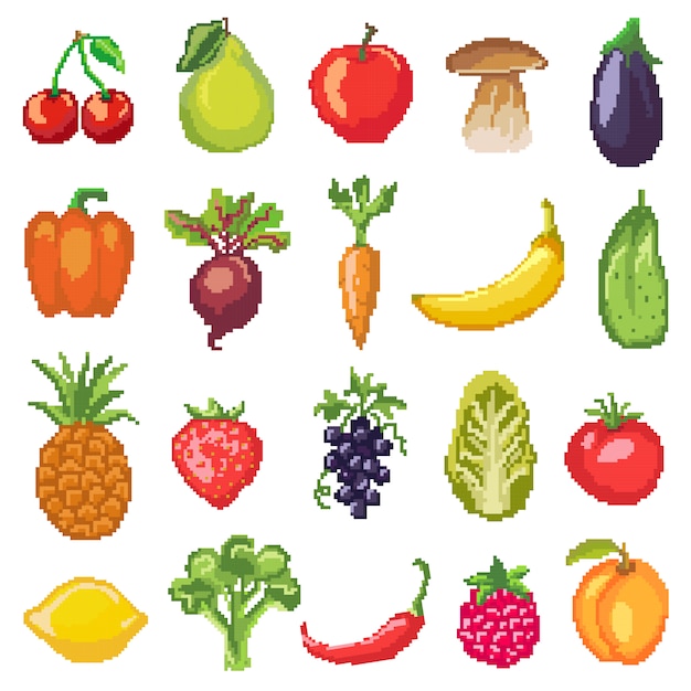 Legumes de frutas pixel vector nutrição saudável de banana maçã frutada e cenoura