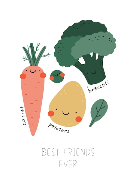 Vetor legumes de vetor de desenho animado bonito impressão vetorial com batatas cenouras espinafre brócolis