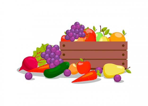 Vetor legumes e frutas na ilustração de caixa de madeira
