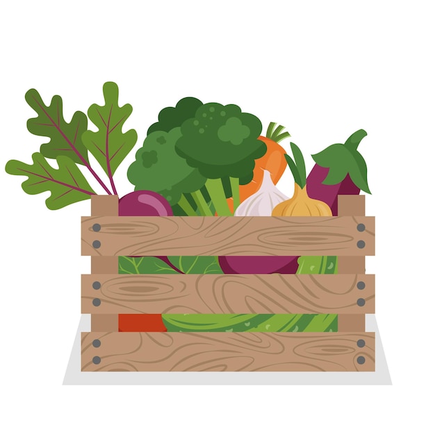 Vetor legumes em caixa de madeira. produtos agrícolas frescos. ilustração em vetor de alimentos orgânicos.