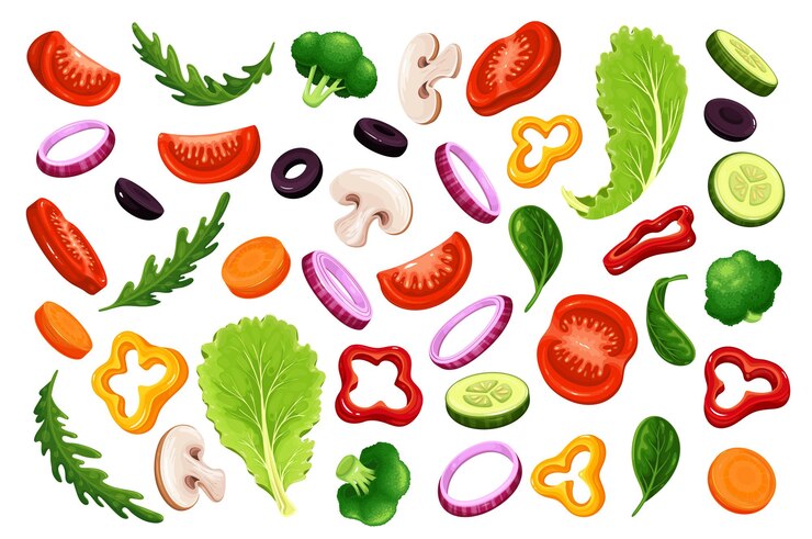 Vetor legumes fatiados voando ou caindo