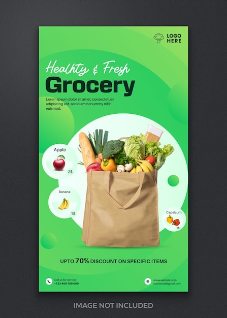 Vetor legumes frutas comida de mercearia orgânico saudável instagram mídia social story post banner anúncios de modelo