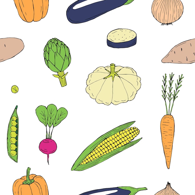 Legumes sem costura padrão ilustração vetorial desenho à mão colorido