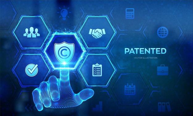Vetor lei de direitos autorais de patentes patenteadas direitos de autor direitos de autor patenteados conceito de tecnologia de negócios de propriedade intelectual na tela virtual wireframe mão tocando interface digital ilustração vetorial